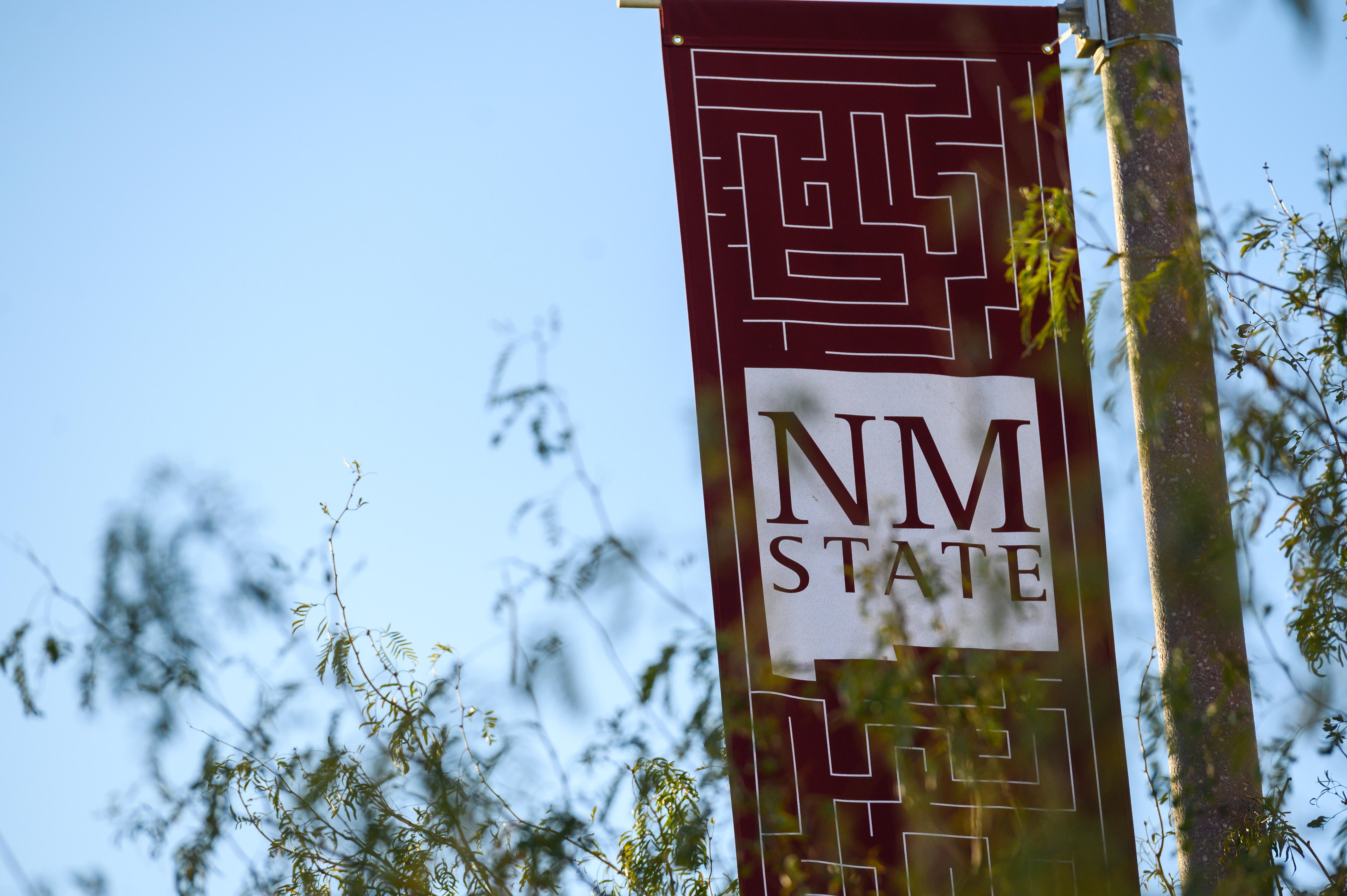 NMSU Banner on a light poll on NMSU Main Campus. The banner is crimson with a white NMSU Logo and a white outlined maze. (photo is for decorative purposes)