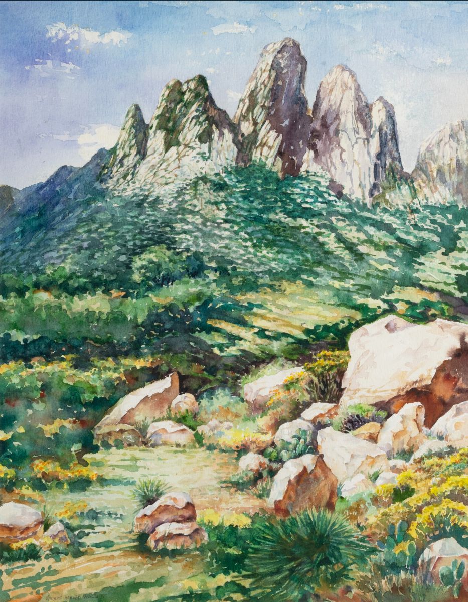 Watercolor painting of the tops of the Organ Mountain. Painting is done by Vincent Hallett.