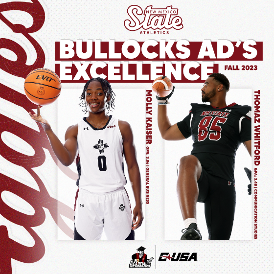 NMSU Athletics graphic announcing Molly Kaiser and Thomaz Whitford as Fall 2023 Bullocks AD's Excellence winners. 