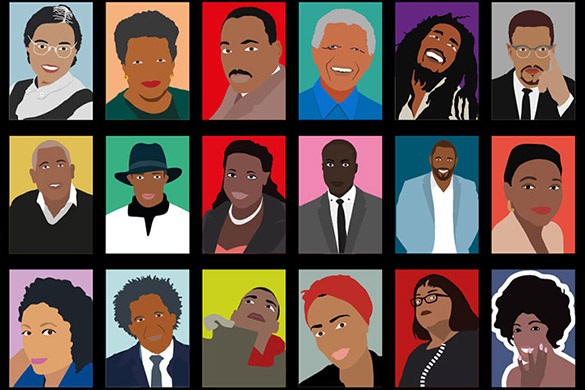 Cartoon type graphic with many different significant individual's headshots in a grid. These individuals represent significant leaders in the Black community and a part of Black History month. 