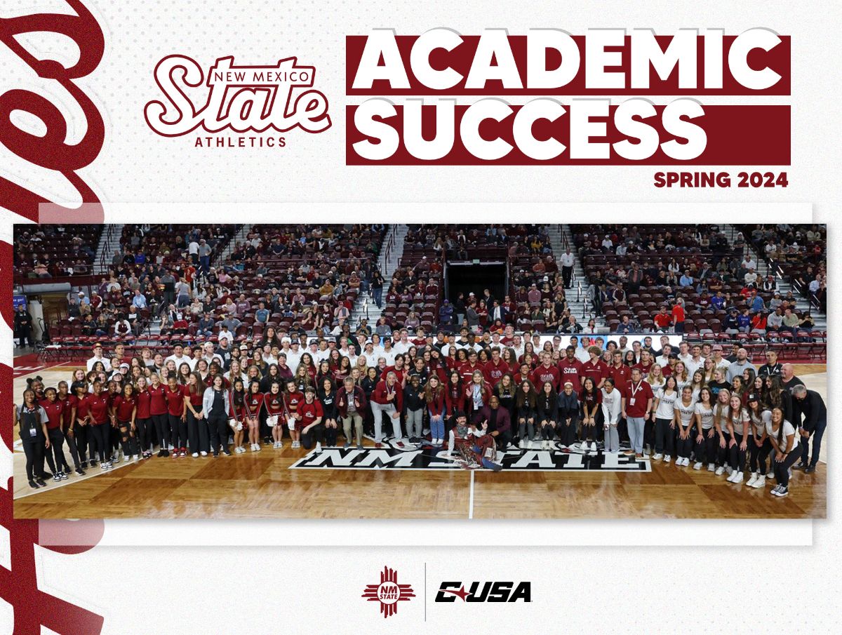 NMSU Athletics Graphic with a photo of the student athletes with high academic success. 