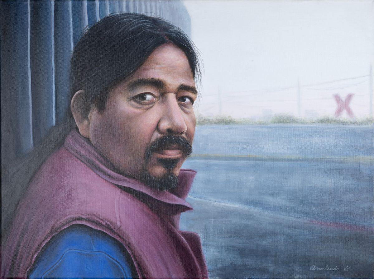 Painting of man standing at the border fence with the Mexico-US border crossing "X" in the back ground. 