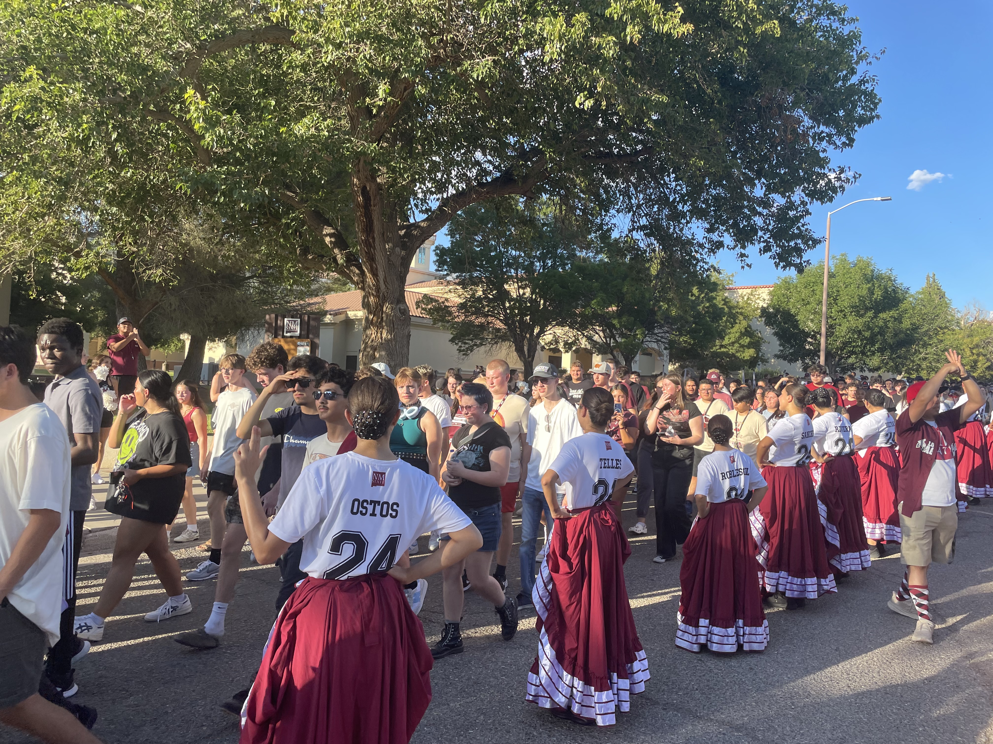 NMSU Folklorico Dancers welcome first year students during the 2024 First Year Walk. 