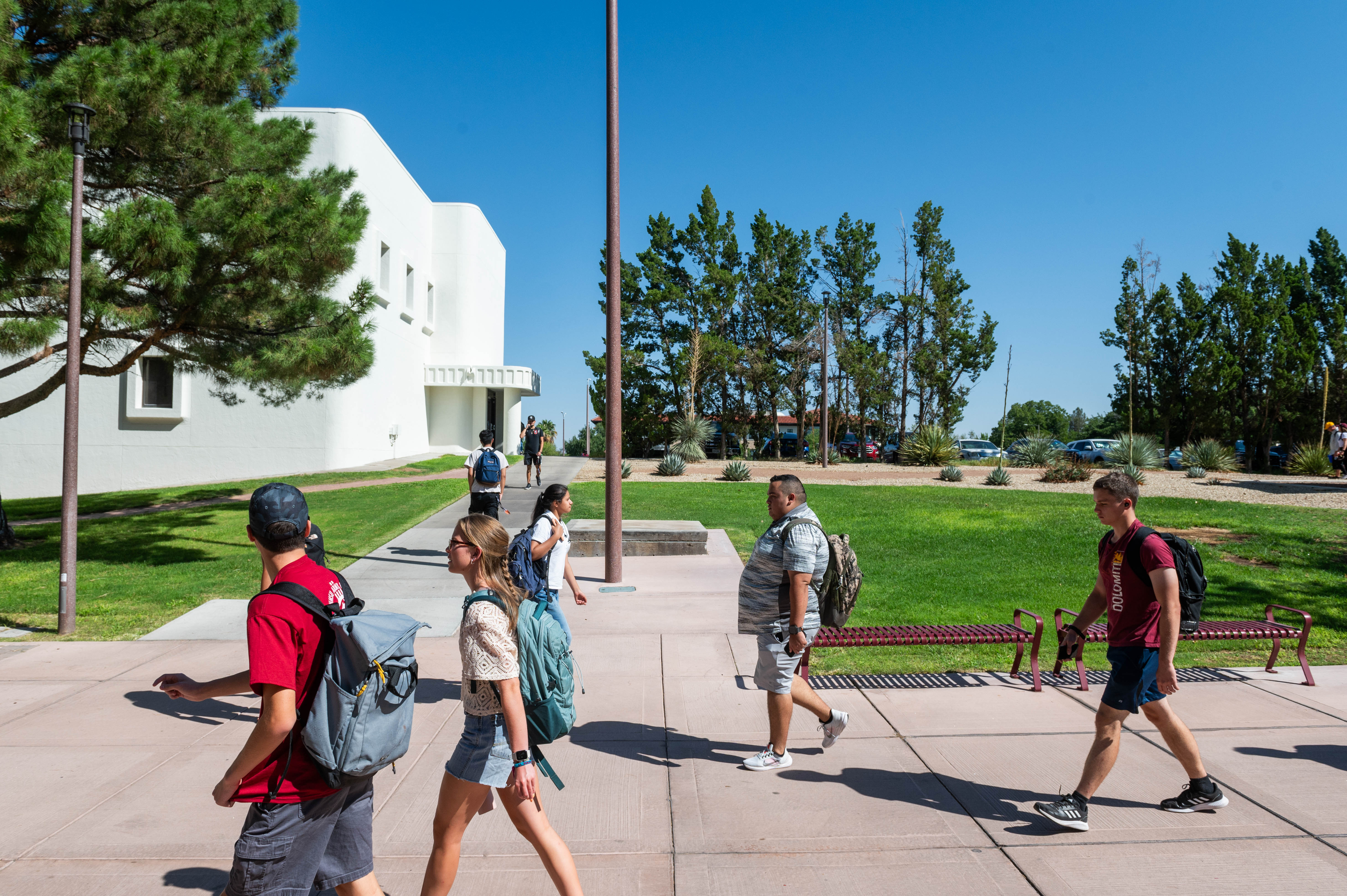 Students walking on the NMSU campus. 