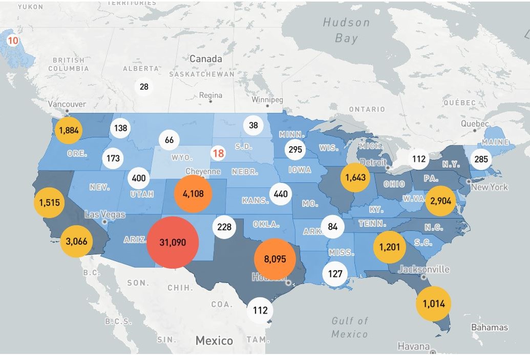 Map of the United States with various circles representing the number of NMSU alumni in the specific areas/states. 