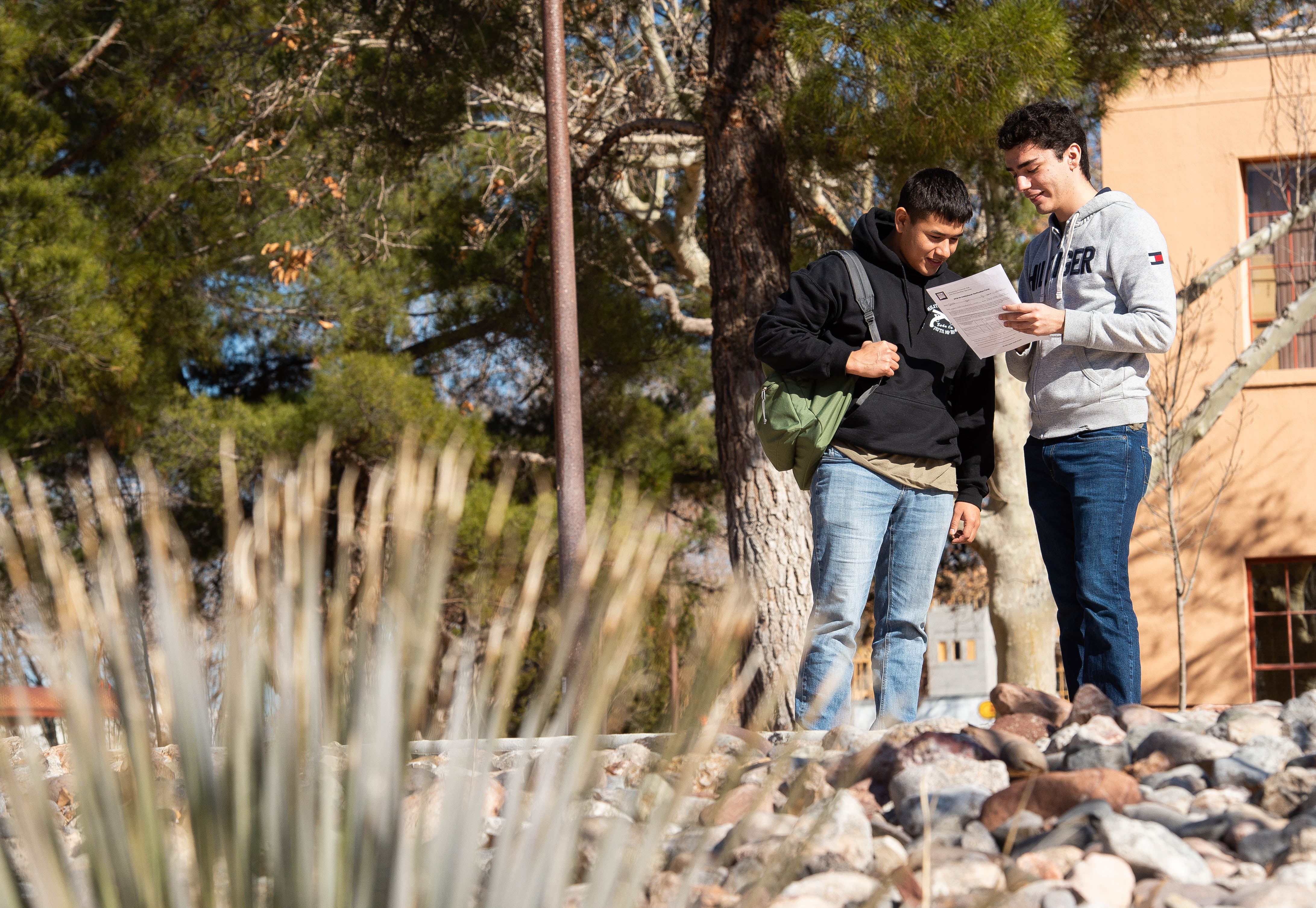 Students looking at a paper outdoors on the NMSU campus. 