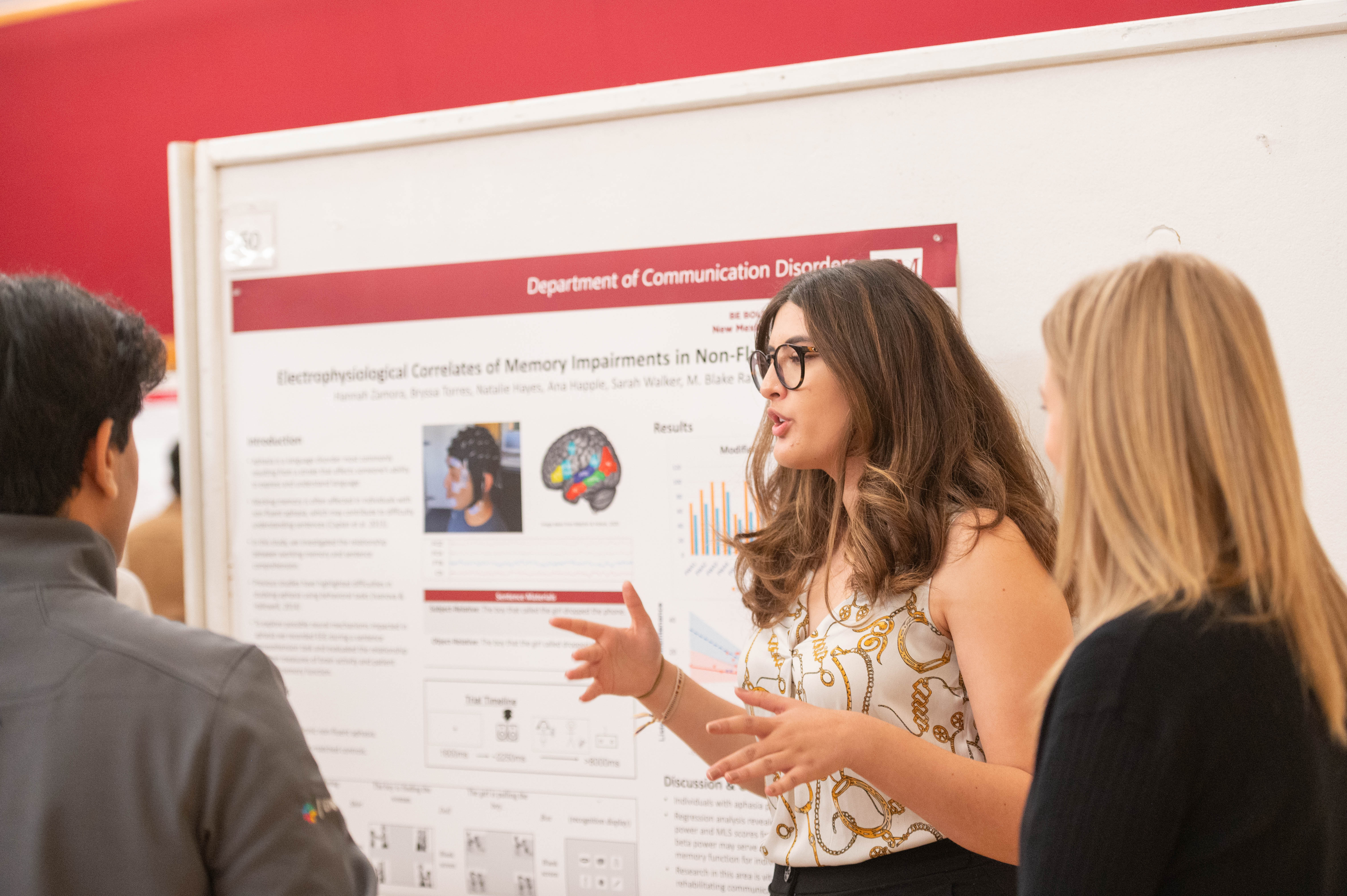 Female student presenting her poster during the annual Research and Creativity week. 