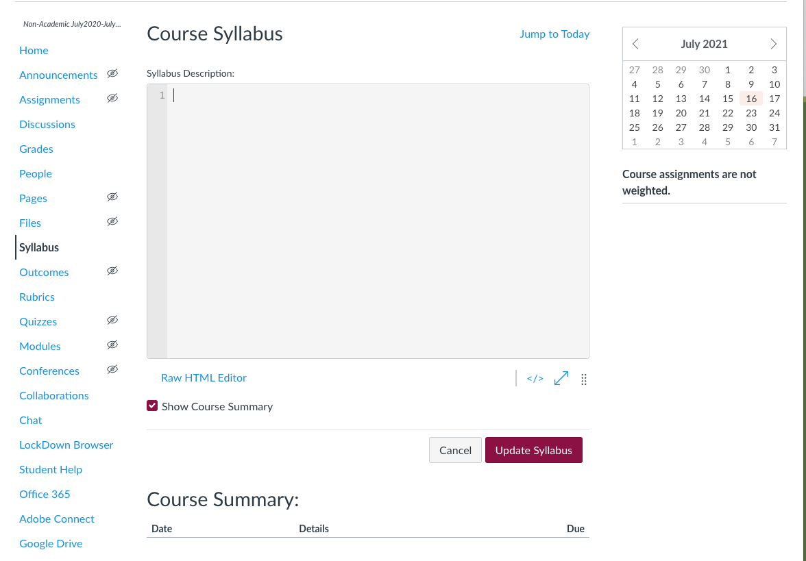 Screenshot of Course Syllabus html editor 