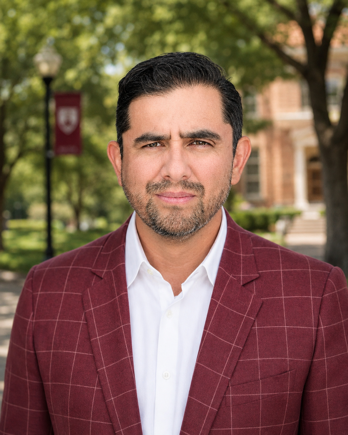 Head-and-shoulders portrait of a man in a burgundy plaid blazer and white shirt standing outdoors on a leafy campus with a blurred building in the background.
